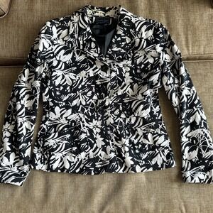 Laura Scott Womens Blazer Jacket Size 10 Black White Floral Stretch Lined Cotton